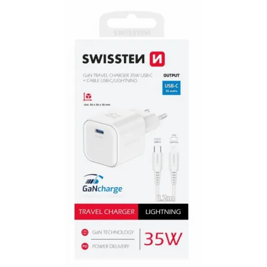 Swissten Travel charger 1x USB-C 35W PD white, data cable USB-C/Lightning 1.2, white