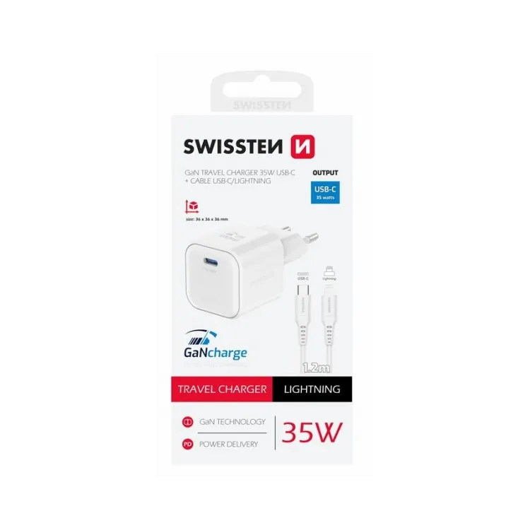 Swissten Travel charger 1x USB-C 35W PD white, data cable USB-C/Lightning 1.2, white