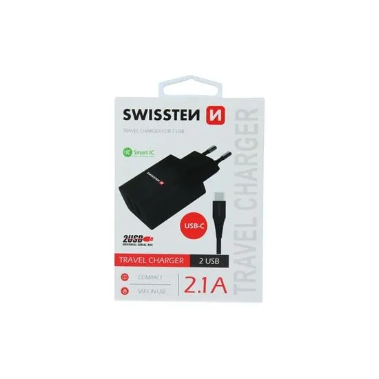 Swissten Travel charger smart IC with 2x USB 2.1 A data cable USB/Type C 1.2 M, black