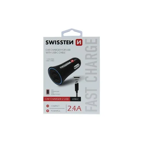 Swissten Car charger 2.4A power 2x USB, cable USB-C