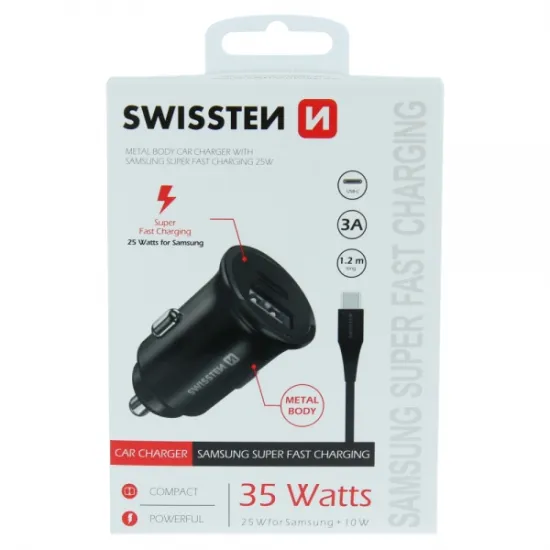 Swissten Car charger for Samsung fast charging 25W + data cable USB-C/USB-C 1.2 M, black