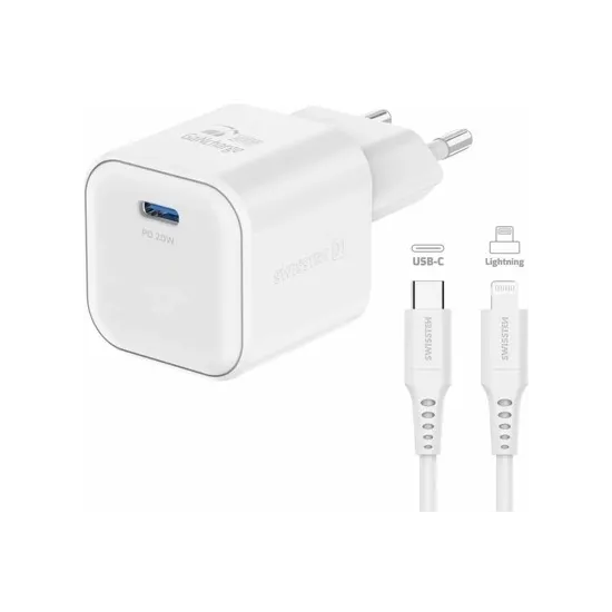 Swissten Travel charger GaN 1x USB-C 20W PD white, data cable USB-C/Lightning 1.2, white