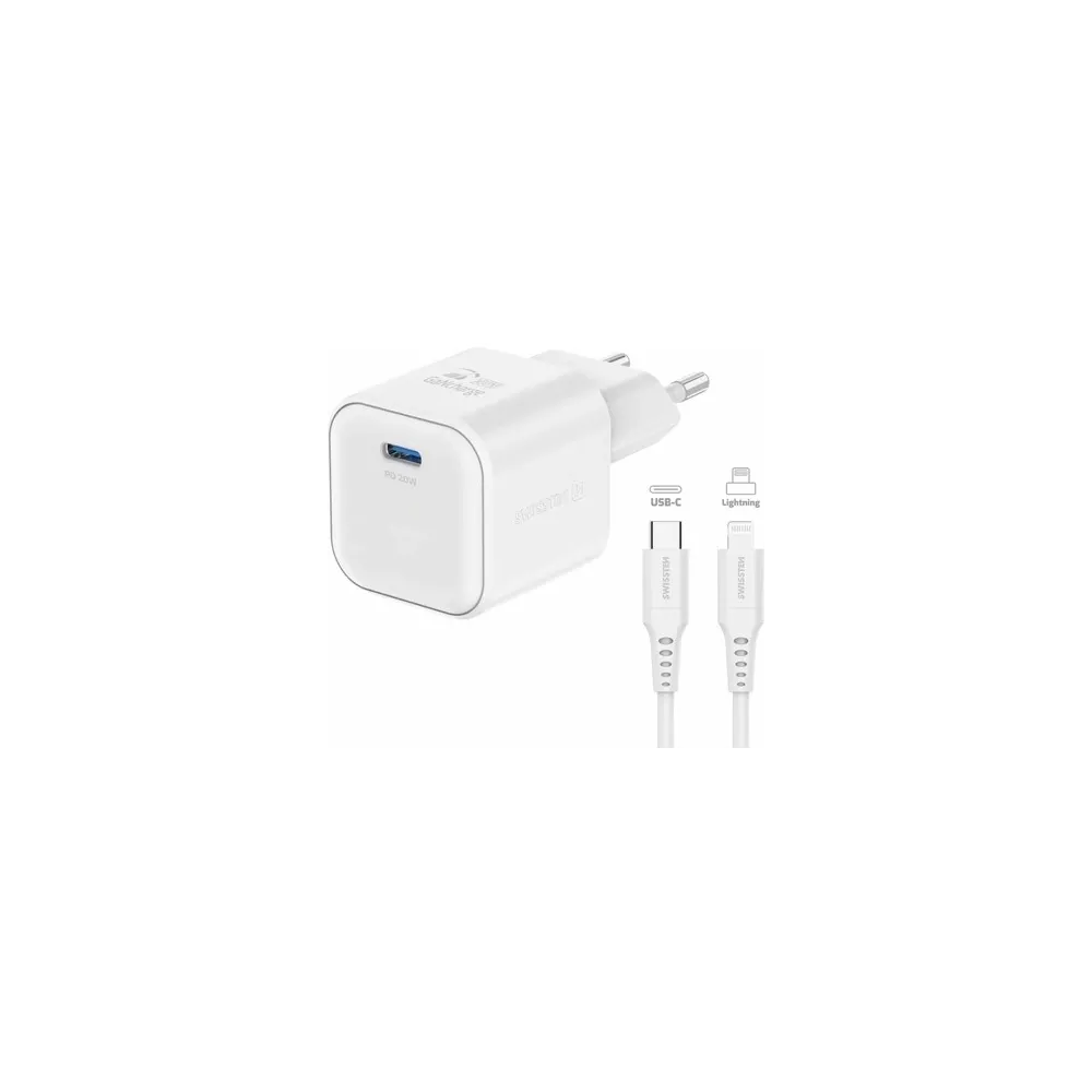 Swissten Travel charger GaN 1x USB-C 20W PD white, data cable USB-C/Lightning 1.2, white