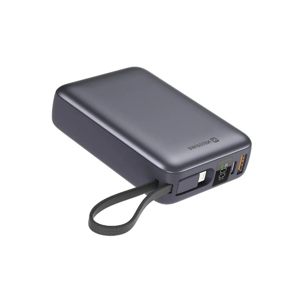 Swissten Power bank 20000 mAh with built-in cables USB-C and Lightning Space silver