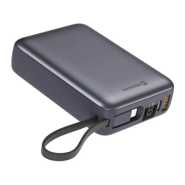 Swissten Power bank 20000 mAh with built-in cables USB-C and Lightning Space silver