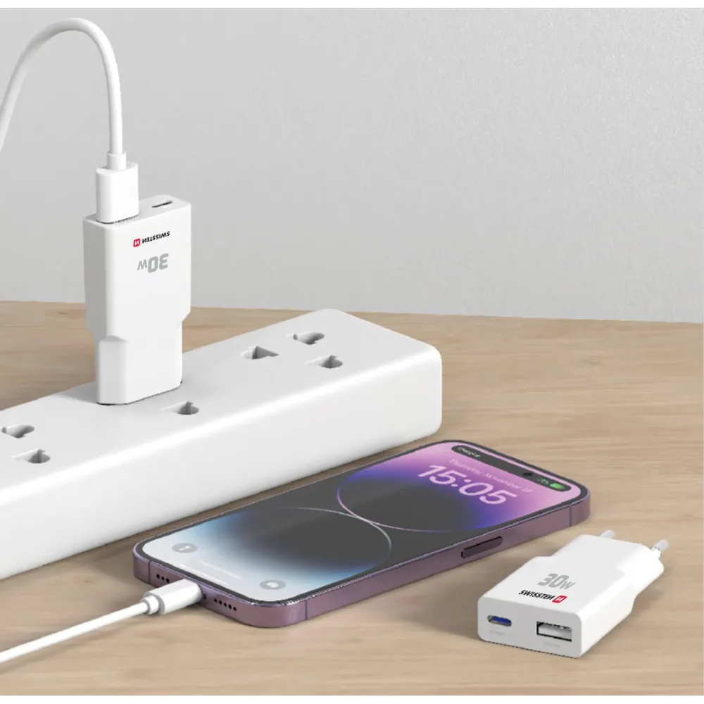 Swissten Travel Charger Slim GaN USB-C / USB 30W - White