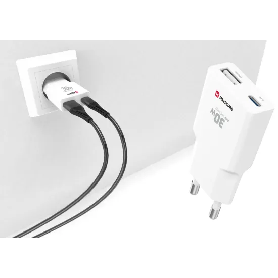 Swissten Travel Charger Slim GaN USB-C / USB 30W - White