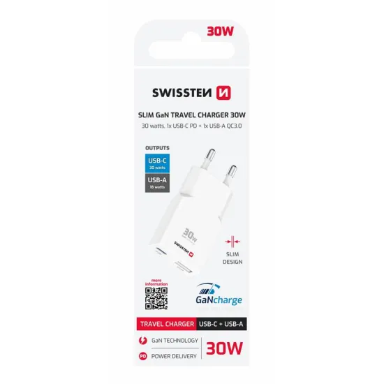 Swissten Travel Charger Slim GaN USB-C / USB 30W - White