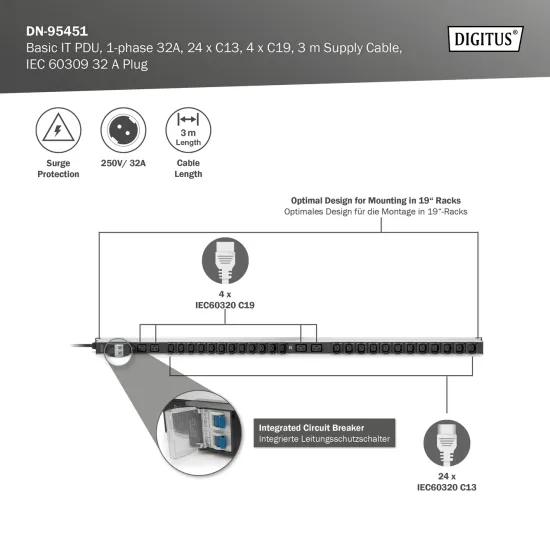 Digitus BASIC PDU, Vertical, 32A, 24 x C13, 4 x C19