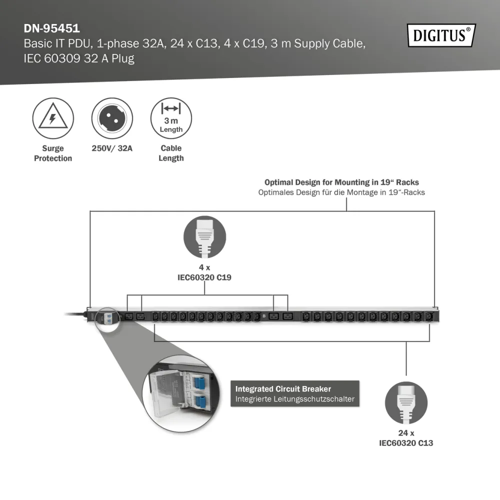 Digitus BASIC PDU, Vertical, 32A, 24 x C13, 4 x C19