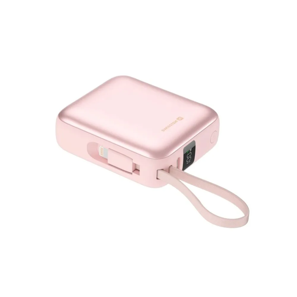 Swissten POWER BANK SPACE 10000 mAh WITH BUILT-IN CABLES USB-C AND LIGHTNING PINK