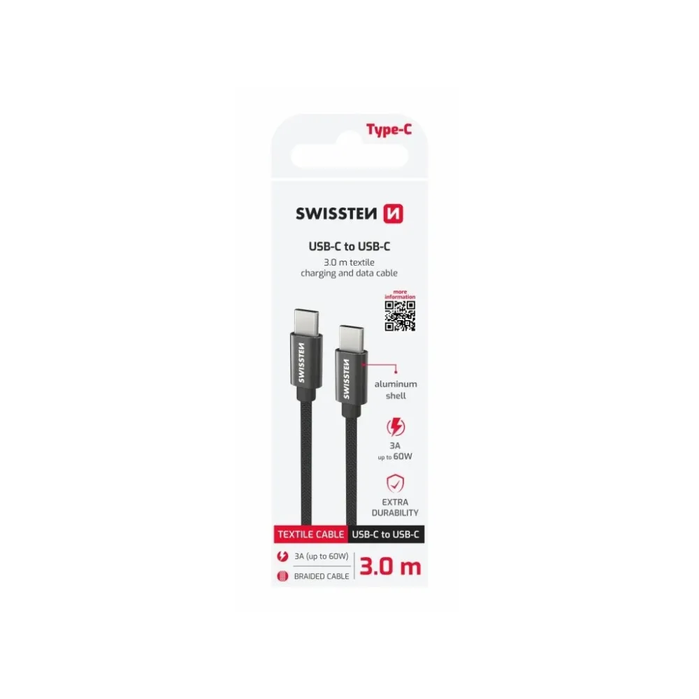 Swissten DATA CABLE TEXTILE USB-C / USB-C 3.0 M BLACK