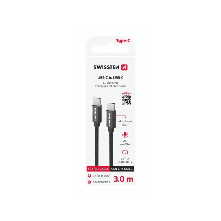 Swissten DATA CABLE TEXTILE USB-C / USB-C 3.0 M BLACK