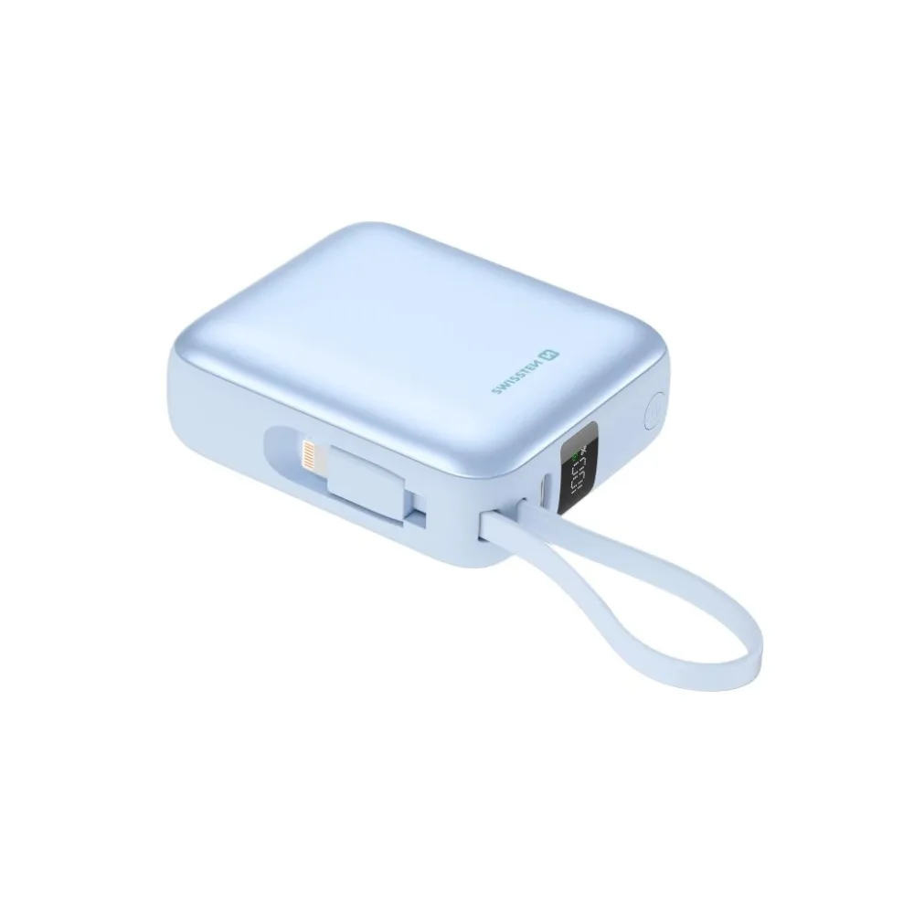 Swissten POWER BANK SPACE 10000 mAh WITH BUILT-IN CABLES USB-C AND LIGHTNING BLUE