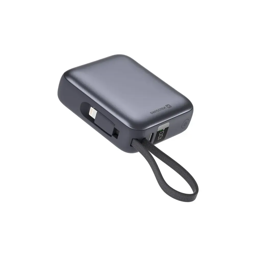Swissten POWER BANK SPACE 10000 mAh, 35W WITH BUILT-IN USB-C CABLE SILVER